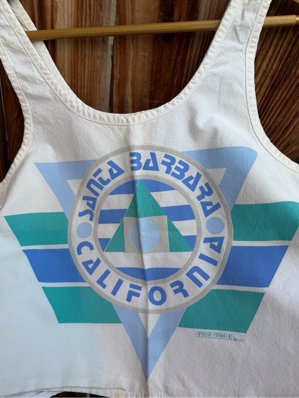 1980s Santa Barbara California white cotton tank top with blue and teal